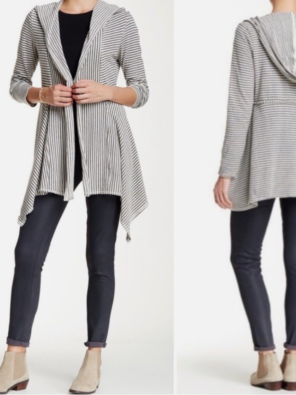 Max Studio Womens 1X Navy White Stripe Cotton Knit Waterfall Hooded Cardigan Top - Picture 9 of 9